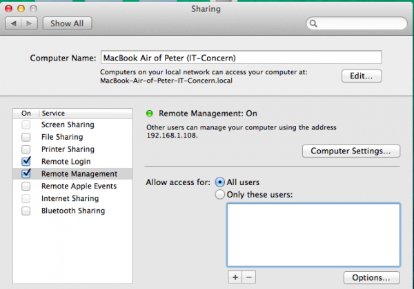 Remote Management is enabled and configured